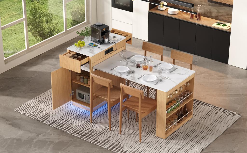 Îlot de cuisine avec roulettes, Table à manger extensible avec éclairage LED, Multiprises et crochets Sert de buffet ou de table de bar pour la salle à manger (Naturel)