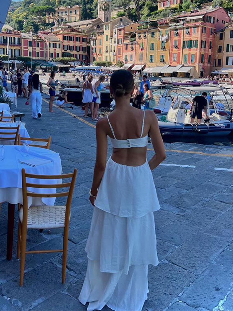 Sexy Elegant Hollow Out Ruffle Party Dress Summer Flower High Street Slim Long Dresses Fashion Chic Sweet Backless Beach Clothing