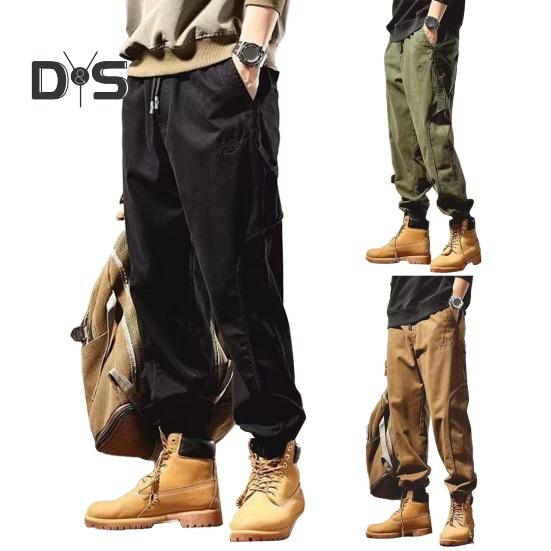 Fall Spring Men Cargo Pants Ankle Banded Loose Wear Resistant Drawstring Elastic Waist Pockets Outdoor Work Trousers