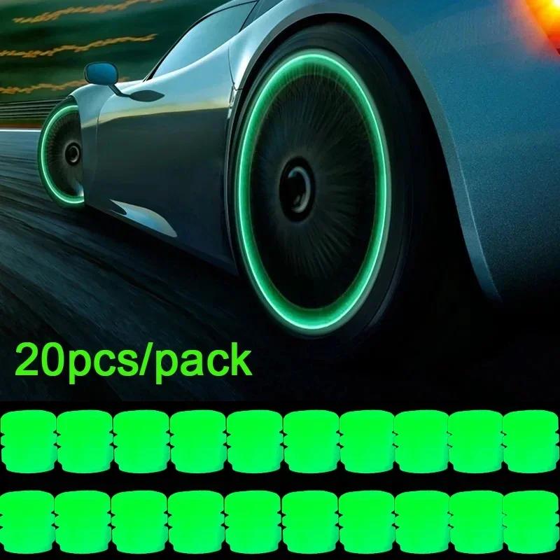 20PCS Luminous Tire Valve Caps Motorcycle Bike Wheel Nozzle Dustproof Tyre Valve Stem Fluorescent Night Glowing Car Decor