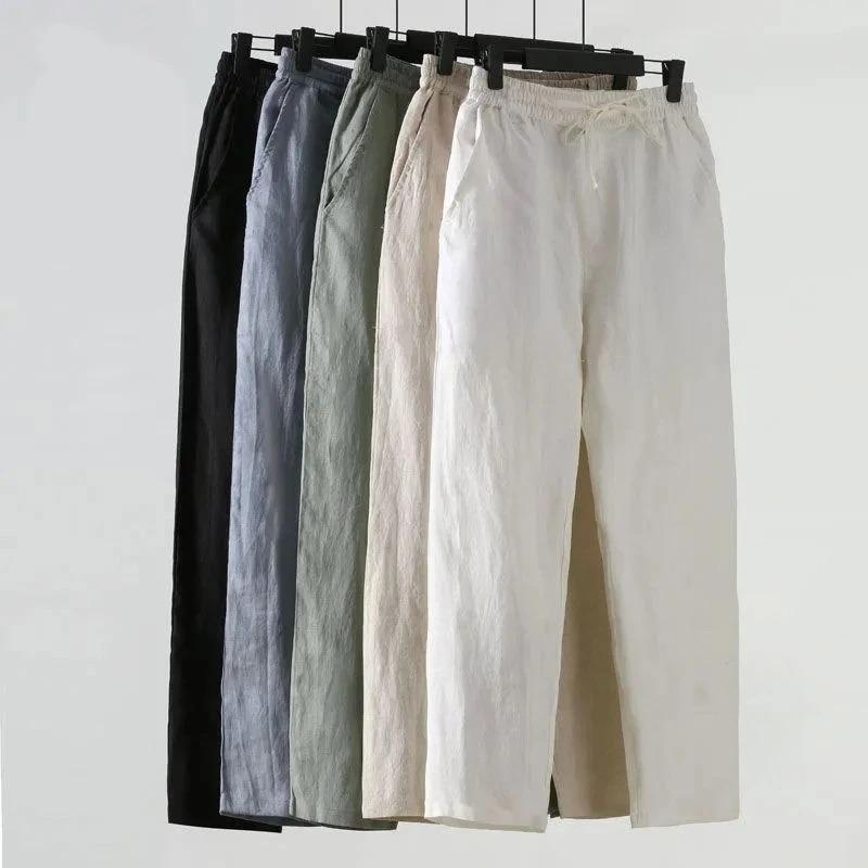 Einfarbige Leinenhose Herren Locker Leinen Freizeit Hose Frühling Sommer Zuhause Gerade Weich Bequem Hose