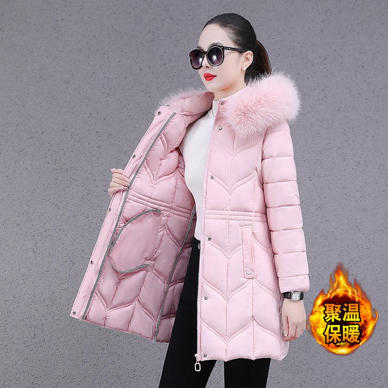 

женская одежда средней длины и длинная зимняя хлопковая одежда, приталенная и тонкая, утолщенная хлопковая куртка с большим меховым воротником, теплая куртка. 2XL105-57.5 kg розовый