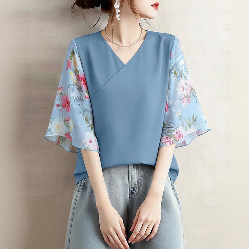 ZANZEA Damen Lässige V-Ausschnitt Print Patchwork 3/4 Ärmel Lockere Bluse