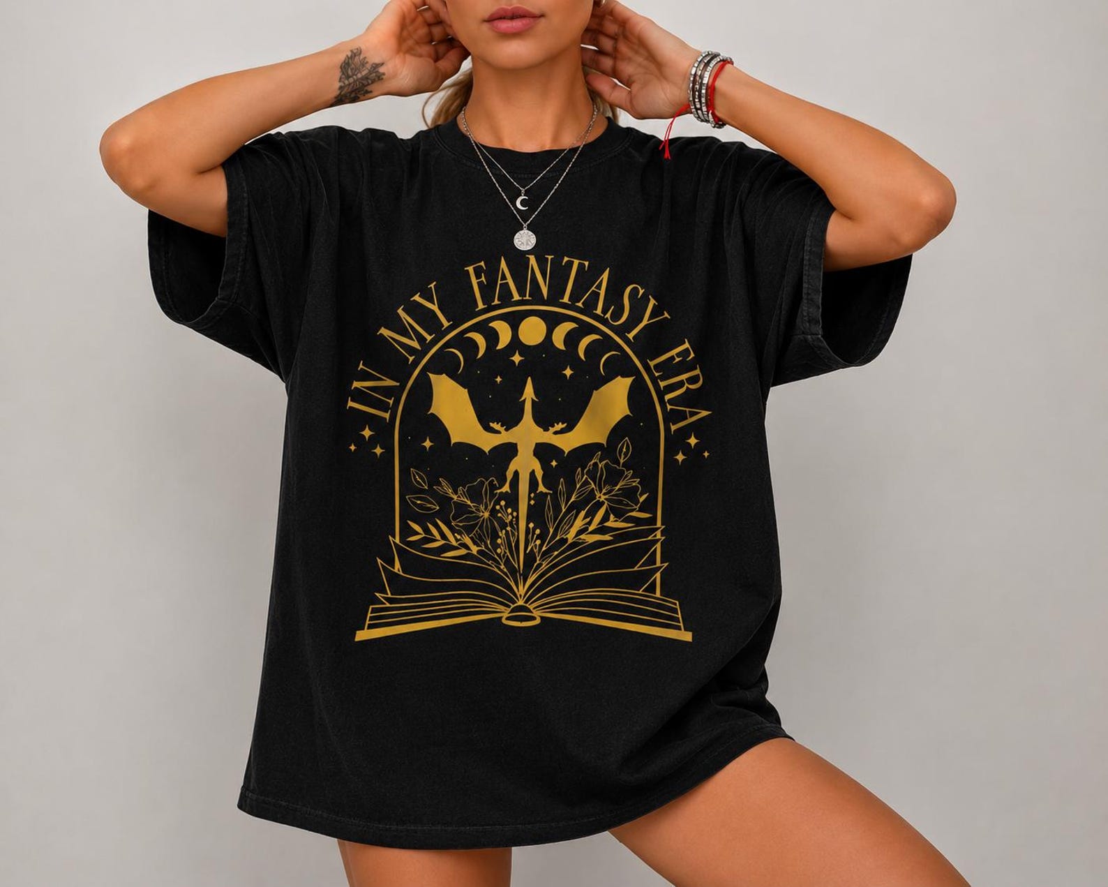 Fantasy Era Celestial Dragon Bookish Oversized Shirt, Gold Print Graphic Tee S