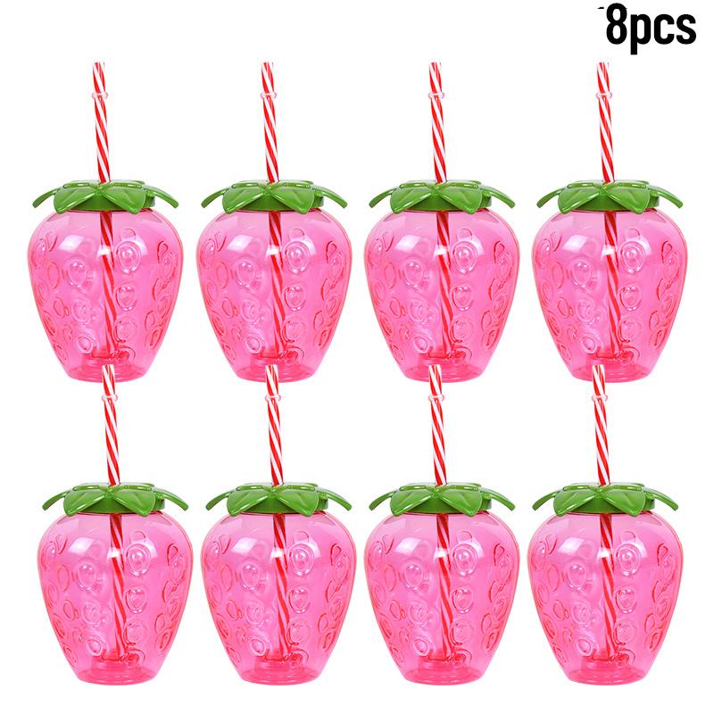 8Pcs Plastic Pineapple Cups with Straw Strawberry Drinking Cup Hawaiian Luau Party Decor Tropical Summer Beach Birthday Supplies