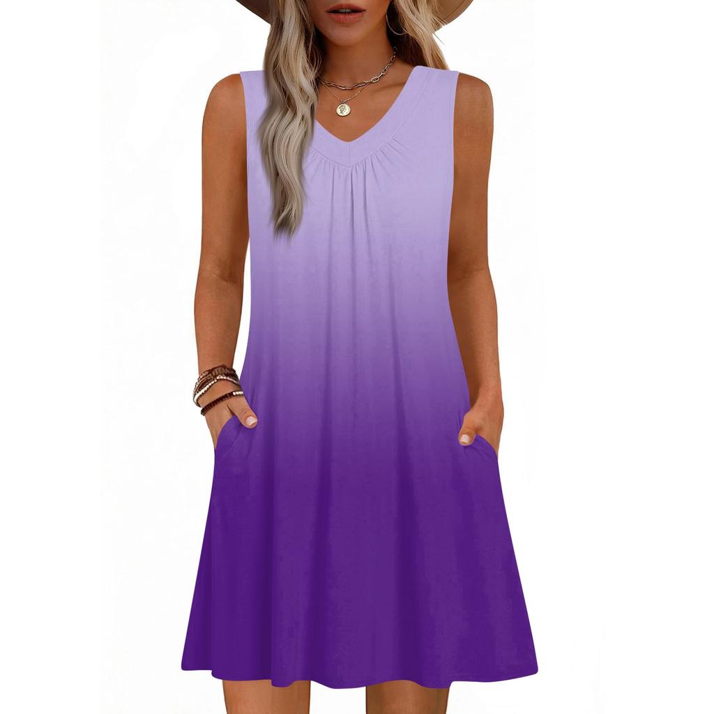 Dámské módní letní tílko bez rukávů s V-výstřihem, s kapsou, ležérní volné šaty