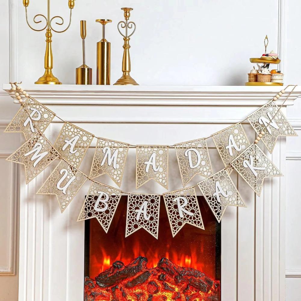 Holz Ramadan Banner Dekoratives Festival Zugfahne Ausgeschnitten Eid Hängende Ornamente Kamin