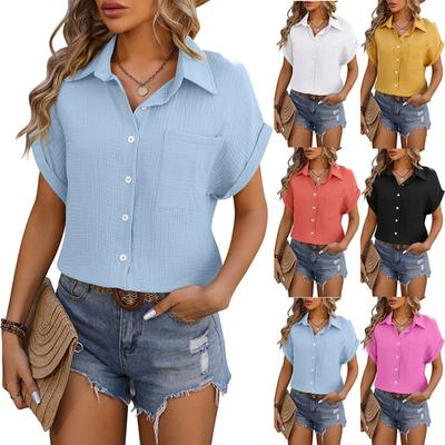 Chemises boutonnées à manches courtes pour femmes, chemisiers amples à col décontracté, hauts de couleur unie avec poche