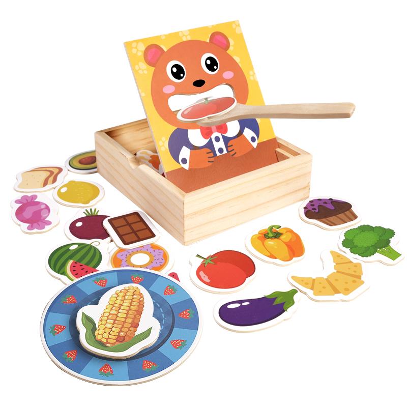 

Non-Toxic Simulated Wooden Box Bear Feeding Game For Early Childhood Education Fine Motor Training Food Cognition Role Playing Pretend Toy