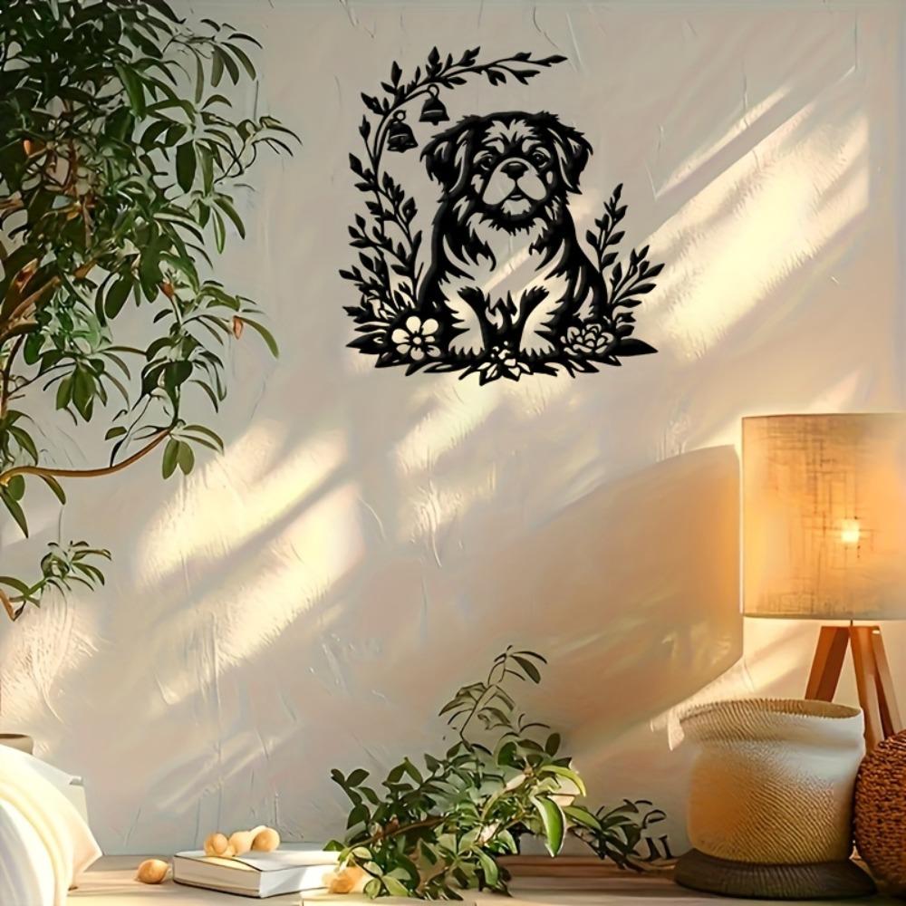 Wrought Iron Tibetan Mastiff Wall Art Flowers Bell Metal Dog Sculpture Christmas Easter Housewarming Gift Living Room Patio Decor