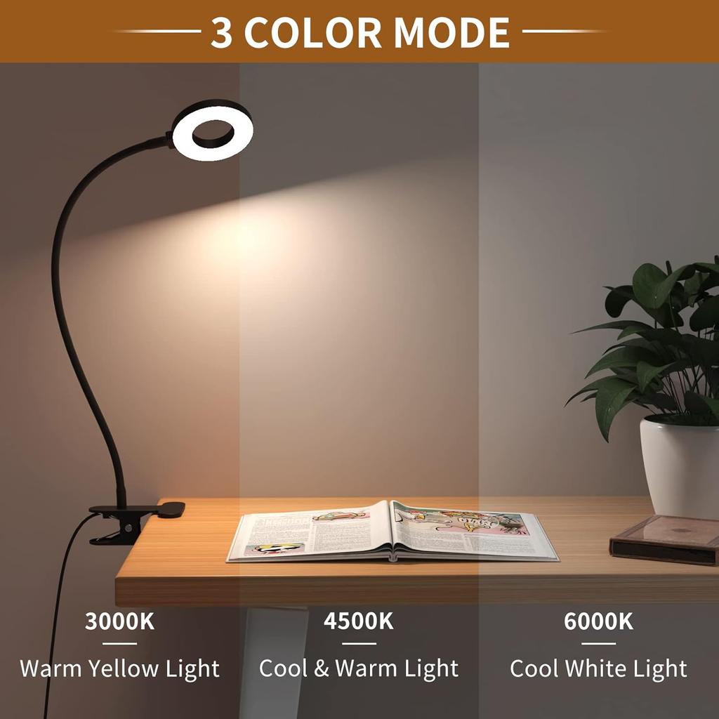 iZELL Desk Lamp, [3 Color Modes & 10 Brightness] LED Reading Light with Clamp, Flexible Gooseneck Book Light for Kids Reading Book In Bed At Night