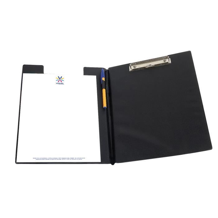 Viquel porte-bloc en pvc avec rabat et porte-stylo - pince métallique intégrée - noir