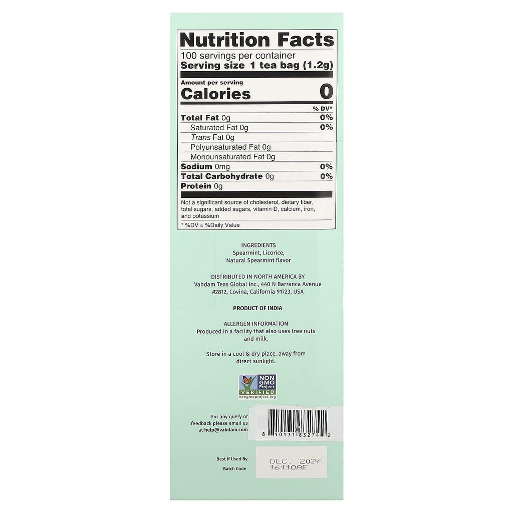 VAHDAM India, Infusions, Herbal Tea, Spritely Spearmint, Caffeine Free, 100 Infusion Bags, 120g (4.23oz)