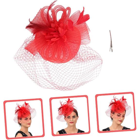 Alasum Mesh Floral Clip Headband, Red Cocktail Hair Accessory for Women, Wedding Tea Party Special Occasion Headwear
