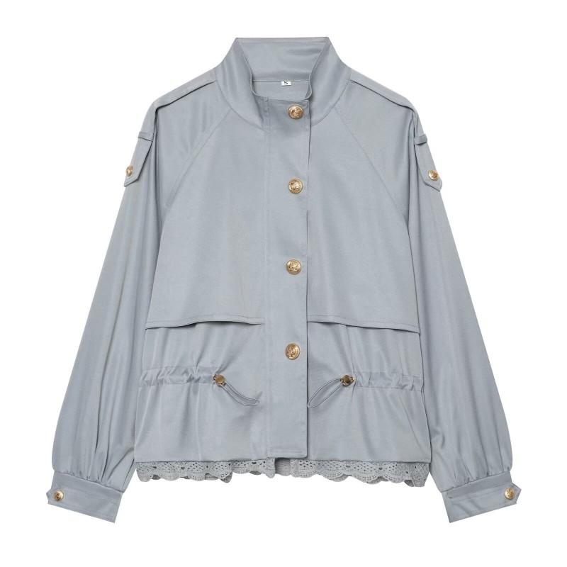 2026 Womens Streetwear Lace Patchwork Stand Collar Cargo Jacket W04 8228