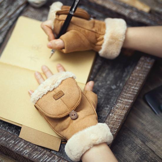 Women Winter Suede Gloves Thickened Convertible Fingerless Mittens Fleece-lined Warm Gloves with Fluffy Cuffs for Outdoor Cycling Hiking