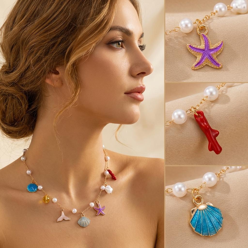 Bohemian Handmade Multi Pendant Necklace for Women Starfish Conch Shell Crab Chain Choker Girl Ocean Beach Vacation Jewelry