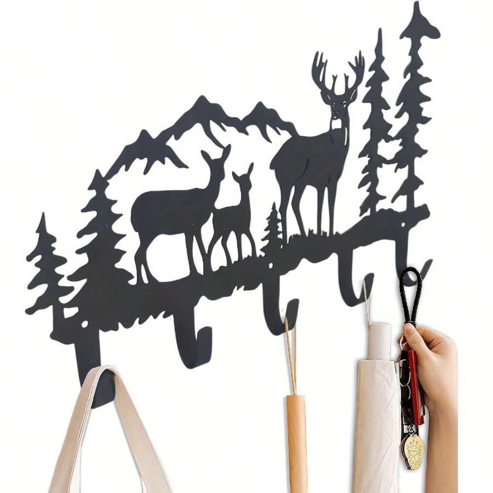 1 PC 5-Hook Rustic Deer-Shaped Metal Wall Storage Rack - Powder-Coated, Perfect For Entryway,