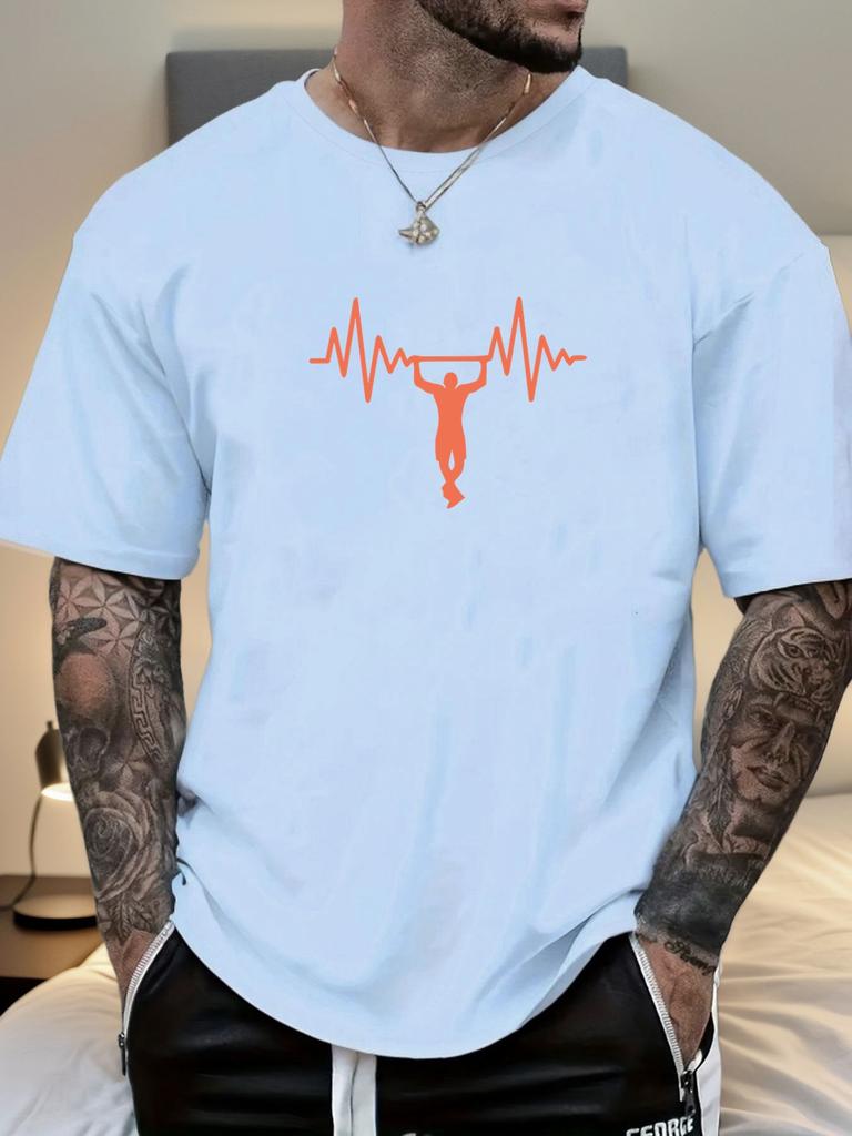 Mens Casual Tshirt Gymnastics Heartbeat Print Short Sleeve Round Neck Breathable Soft Oversized Sporty Daily Tee