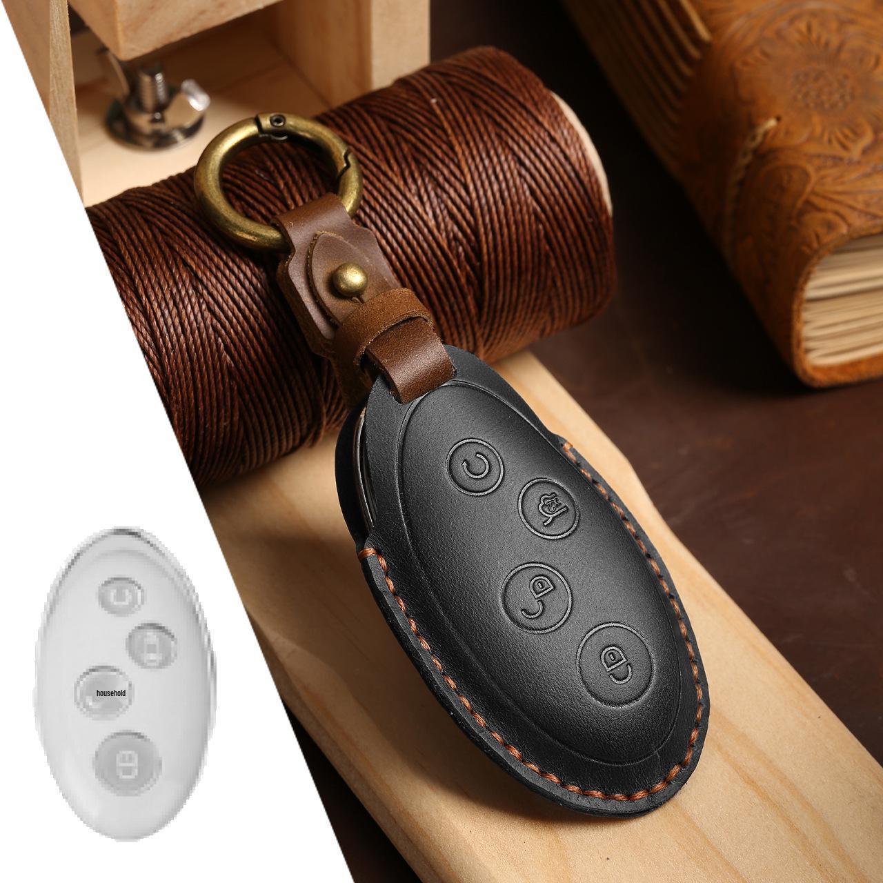 

Top Grain Leather Car Key Cover for BYD Qin, Song, & Tang - Retro European/American Style чёрный