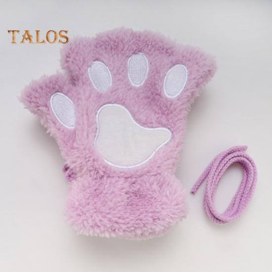 1 Pair Women Winter Gloves Half-finger Cat Paw Shape Thick Plush Elastic Warm Heat Retention Non-slip Windproof Wrist Protection Cycling Riding