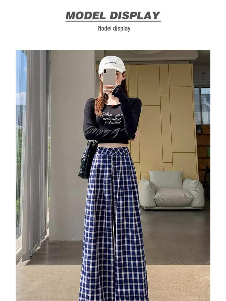Zhao Lusi Style Women's Blue Plaid Wide-Leg Pants - 145 Petite, Early Autumn, Elegant Casual Straight-Leg