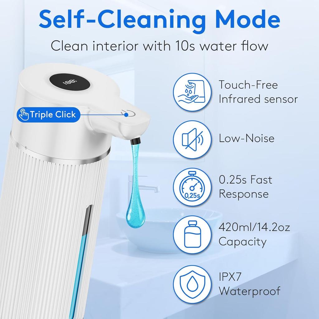 2025 Upgrade Automatic Soap Dispenser Touchless, 14.2oz/420ml Dish Hand Soap Dispenser for Bathroom and Kitchen, 4 Adjustable Volume, USB