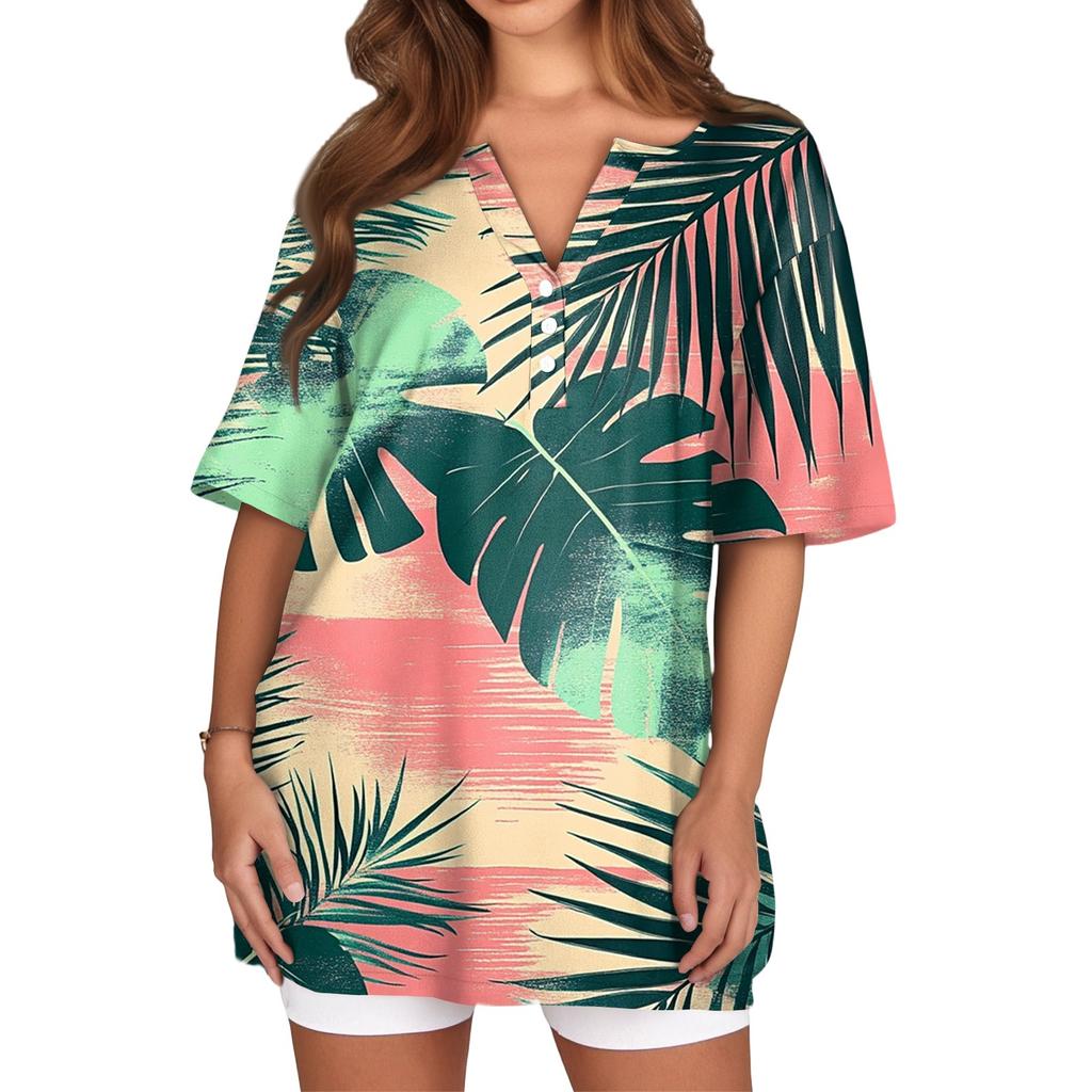 Damen T-Shirt mit Aufdruck und Knopfleiste, kurzärmelig, für den Alltag, Wochenendmode, Basic, V-Ausschnitt, normales Oberteil