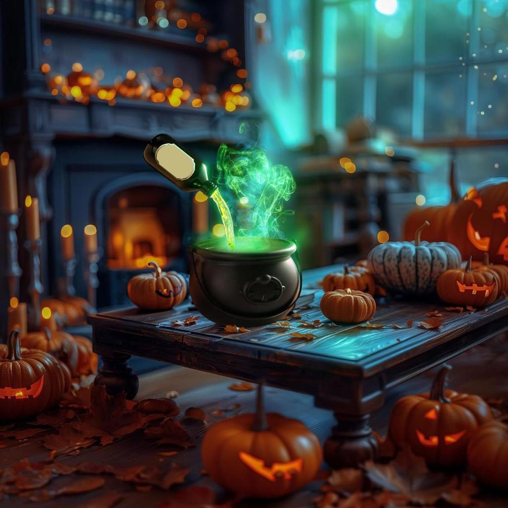 Cauldron Decor With Magics Floating Potion Bottles Diffuser Bubbling Cauldron Flashing Green Lights For Halloween Decor