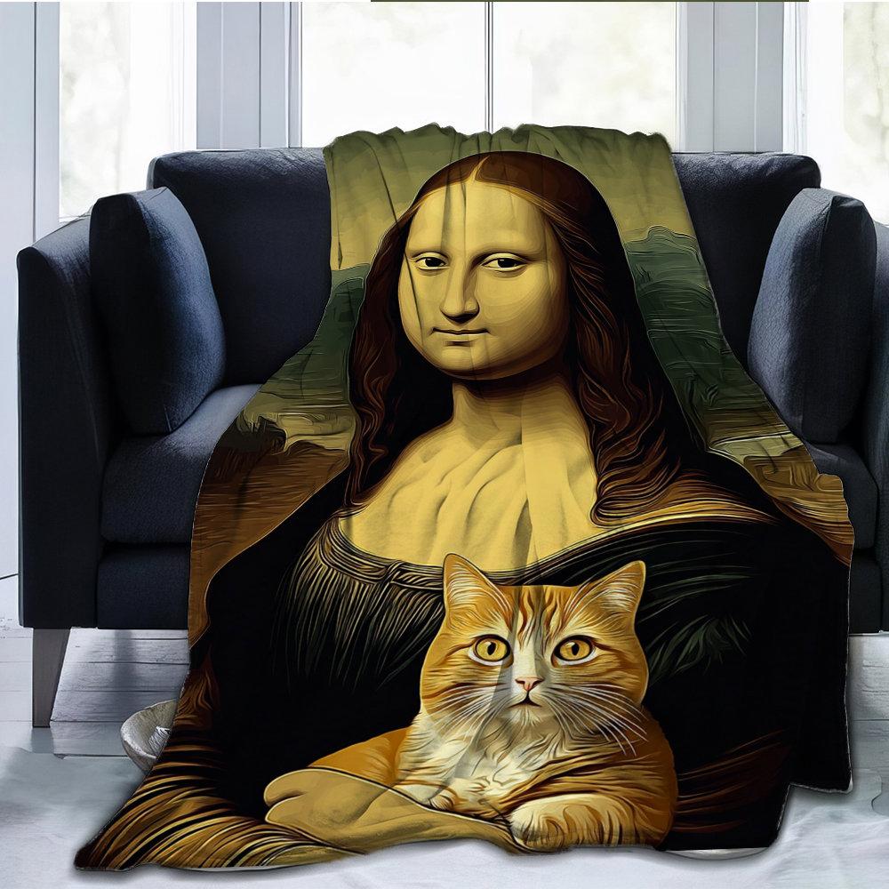 Interesting Mona Lisa and Cat Pattern Flannel Printed Blanket Suitable for All Seasons for Living Room Office Sofa and Travel
