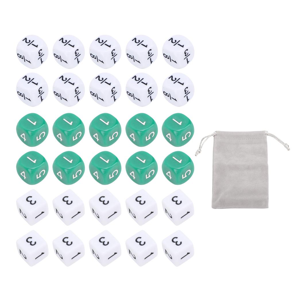 30 Stück 6-seitige Zahlenwürfel Kunststoff Weiß Grün 16mm Bruchteilwürfel Set für Brettspiele Matheunterricht