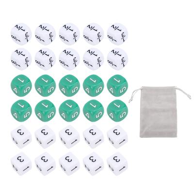 30PCS 6 Sided Number Dice Plastic White Green 16mm Fraction Dice Set for Board Games Math Teaching