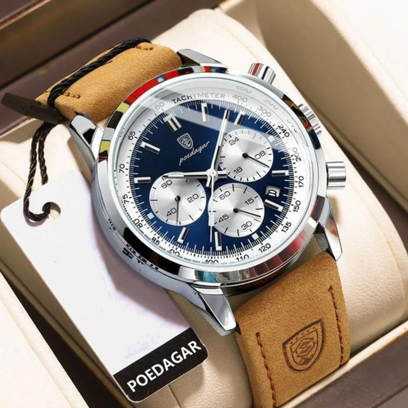 

POEDAGAR роскошные мужские часы водонепроницаемые хронограф светящиеся наручные часы кожаные кварцевые часы повседневные часы серебряный/синий