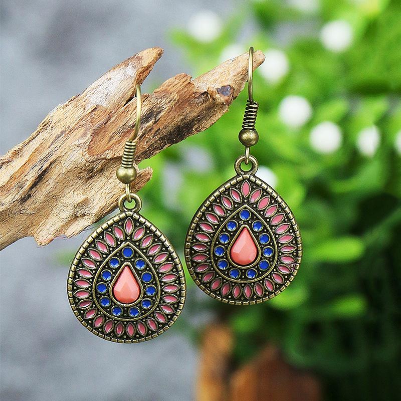Colorful Ethnic Vintage Round Geometric Flower Drop Dangle Earrings For Women Crystal Enamel Ornament Bohemian Wedding Zircon