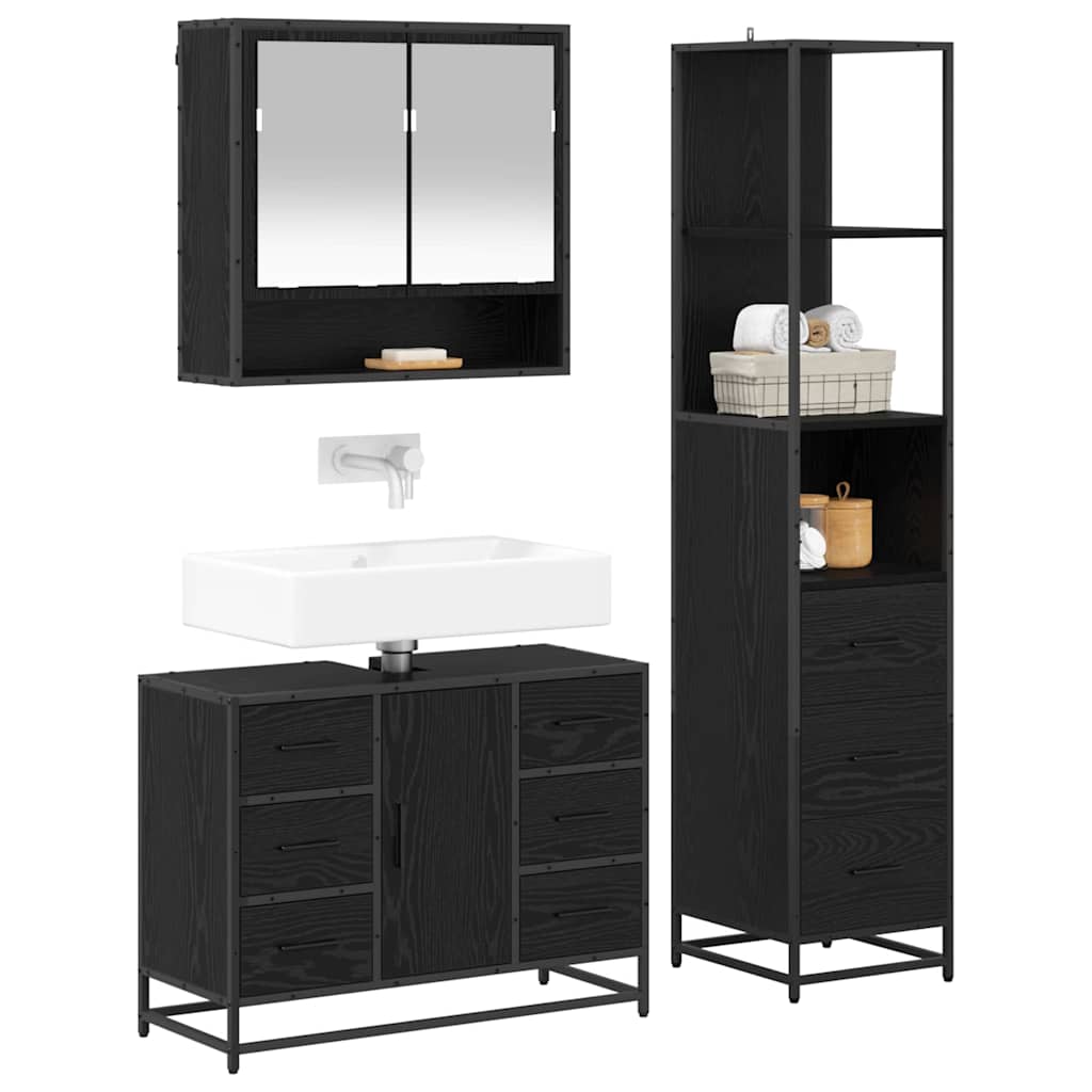 Bathroom Furniture Set 3 Pcs Black Oak Effect Wood Based Material