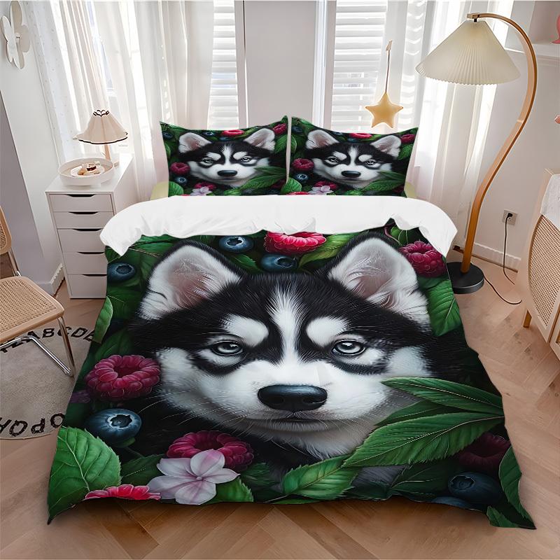 3pcs Husky and Flowers Duvet Cover Set -Includes 1 Duvet Cover and 2 Pillowcases, No Quilt Core, All-Season Home Decor yy251111104