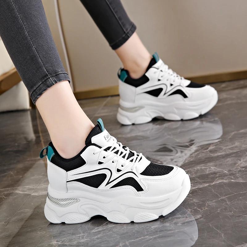 Fashion Women's Mixed Color High-heeled Sneakers Breathable Mesh Heightening Vulcanized Shoes Women's Lace-up Thick-soled Sneakers