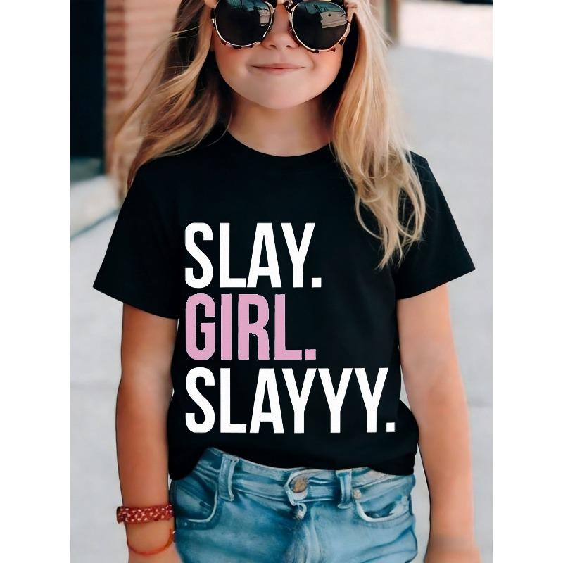 European sizes SLAY GIRL SLAYYY Fashion Street Style Pattern T-Shirt - Casual Crew Neck Black Short Sleeve, Minimalist Graphic Design