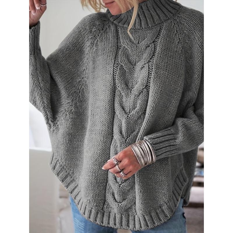 Women'S Vintage-Inspired Black Cable Sweater with High Neck, Loose Fit, Casual, Everyday Pullover, Vintage Sweater | Cable Pattern, Sweater Dress