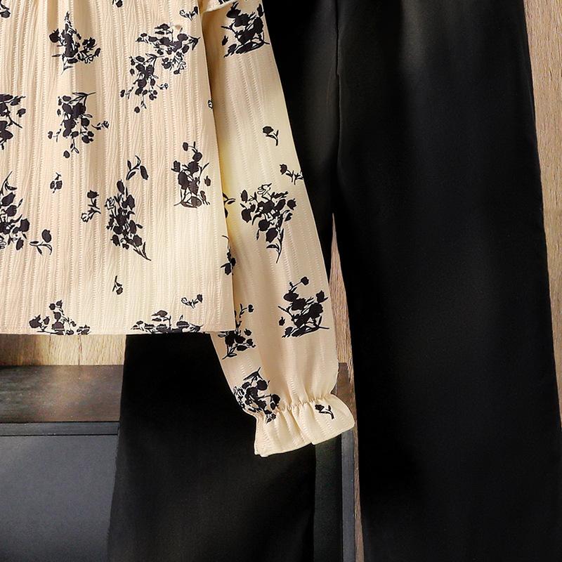 Girls' Outfit Children's Clothing Autumn New Fashion Lace Print Long Sleeve Shirt Wide Leg Pants Two-Piece Set