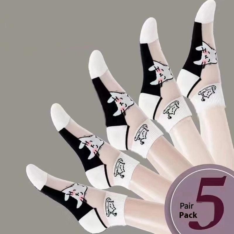 5Pairs/Lot Summer Socks Black And White Cat Glass Silk Breathable Female Socks Simple Short Socks