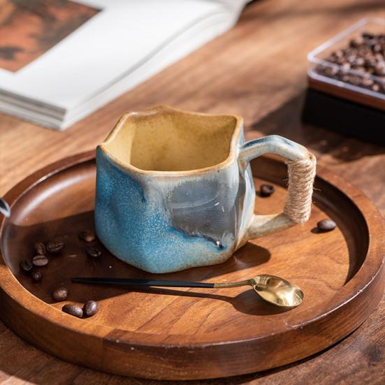 Handmade Ceramic Mug 320ml Vintage Tea Coffee Cup with Rattan Handle Creative Spiral Design Gradient Glaze Drinkware Home Decor Gifts
