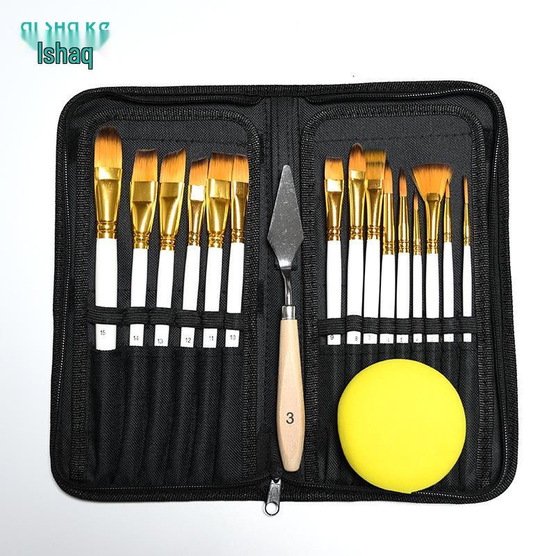 Aishake 15-Piece Nylon Hair Paint Brush Set with Black Canvas Bag and Sponge Scraper