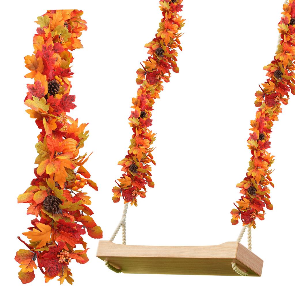Maple Leaves Pumpkins Wreath Reusable Simulation Autumn Leaf Garland Artificial Autumn Foliage Garland Indoor Outdoor Fall Decor