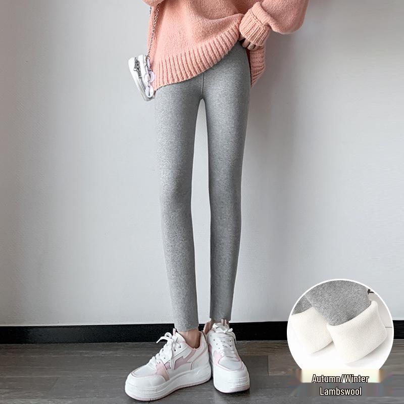 Verdickte Lammwolle Leggings für Damen, Hoher Bund, Bestickter Bund, Fleecegefüttert, Vertikale Streifen, Warme Herbst-/Winterhose.
