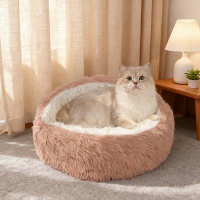 Husdjursskal Bo Säng Varm Lugnande Kattgrotta Säng med Huva Semi-Innesluten Fluffig Plyschfodrad Rund Säng för Små Medelstora Husdjur