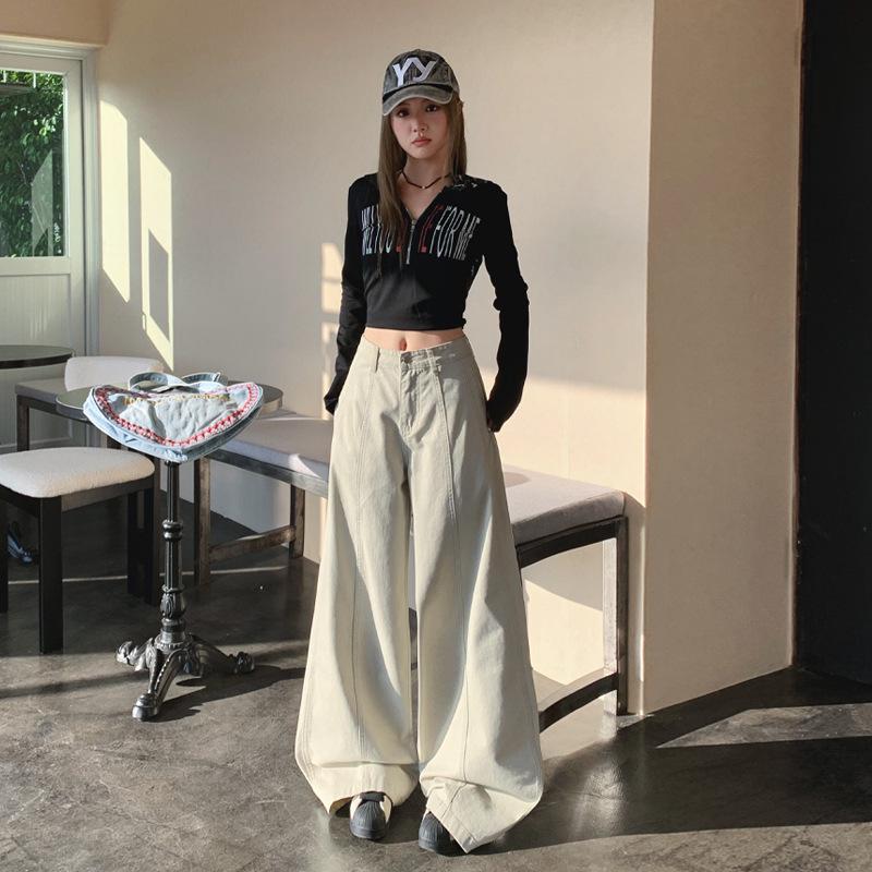 Beige Retro High-Waisted Patchwork Wide-Leg Pants - Spring 2026 Collection L
