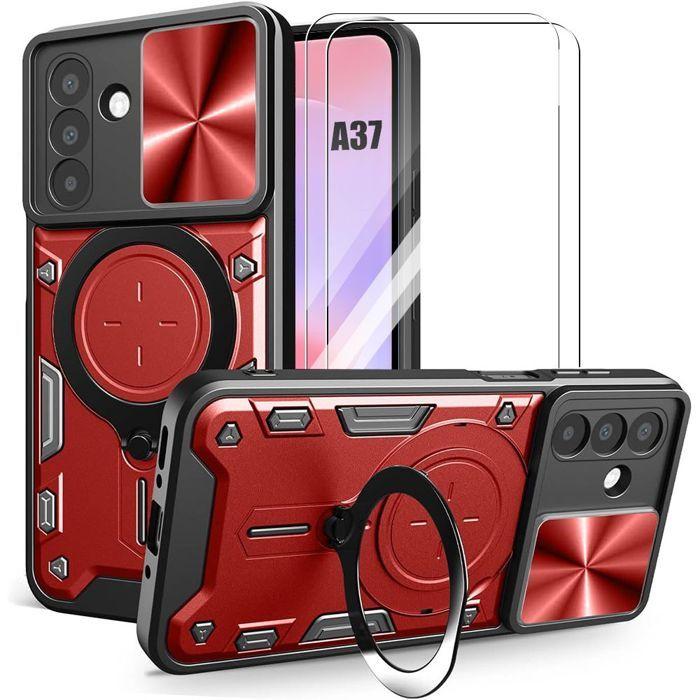 Coque pour Samsung Galaxy A37 5G, avec Anneau et Protection Objectif - Rouge - 2 Verres Trempés