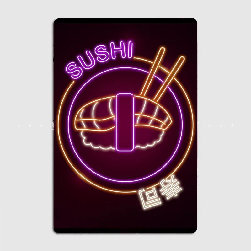 Kawaii Sushi Japanese Food Neon Sign Vintage Poster Metal Sign Cinema Kitchen Printing Room Wall Decor Tin Home Decoration