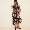 European and American Style Flower Printing V-neck Flying Sleeve Dress Women's Pleated Waist Loose and Thin Holiday Style Big Swing Dress